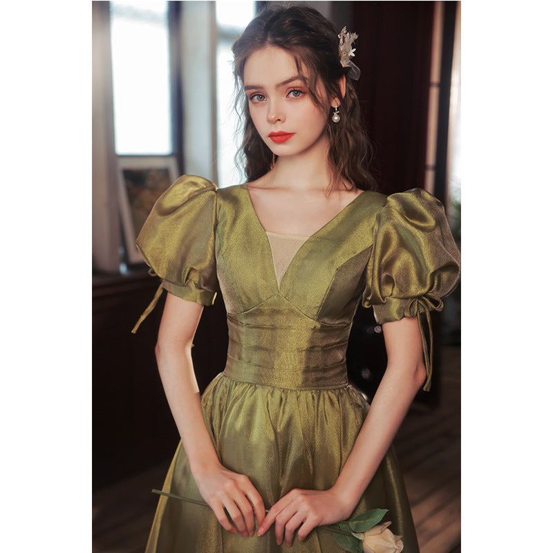 Green Puff Sleeves Satin Long Prom Dress Ball Gown Evening Dress 228 - JulyProm