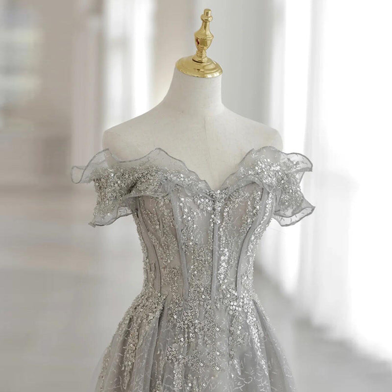 Off Shoulder Pink Tulle Prom Dress Sequins Long Evening Formal Party Dress 189 - JulyProm