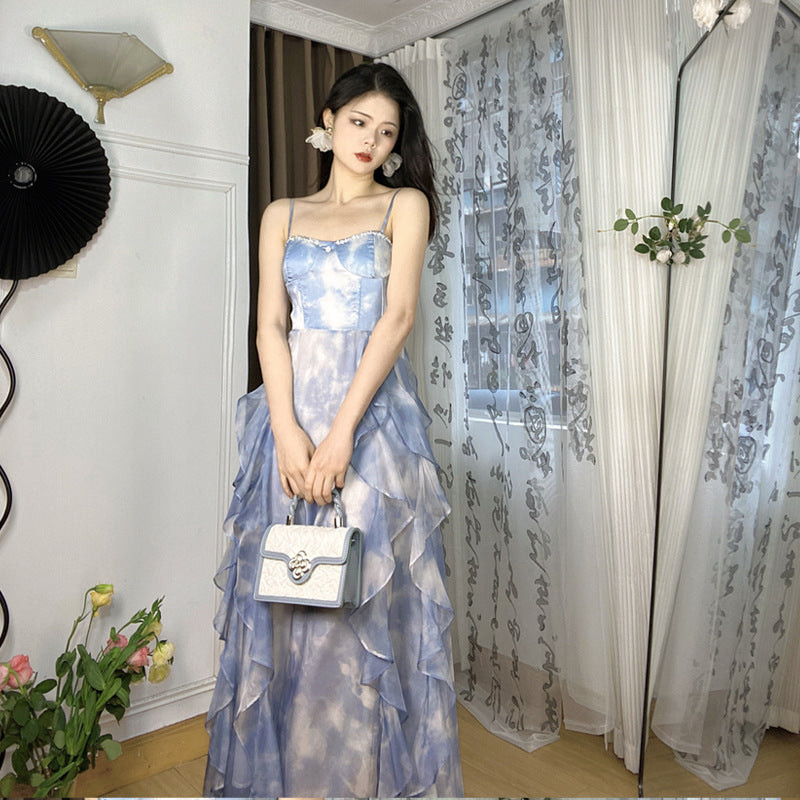 Französisches blaues trägerloses Kleid Sommerfee Rückenfreies Kleid 795