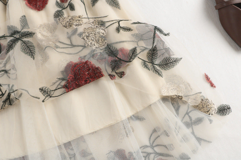 Mesh Embroidered Floral Skirt A-line Mid-length Skirt 734