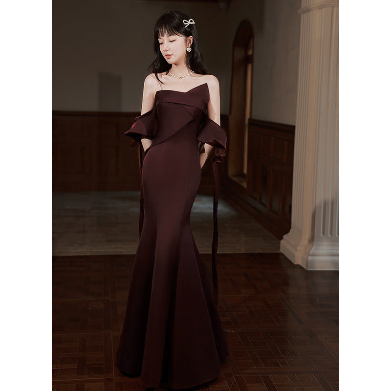 Mermaid Wine Red Strapless Long Prom Dress Elegant Evening Party Dress 192 - JulyProm