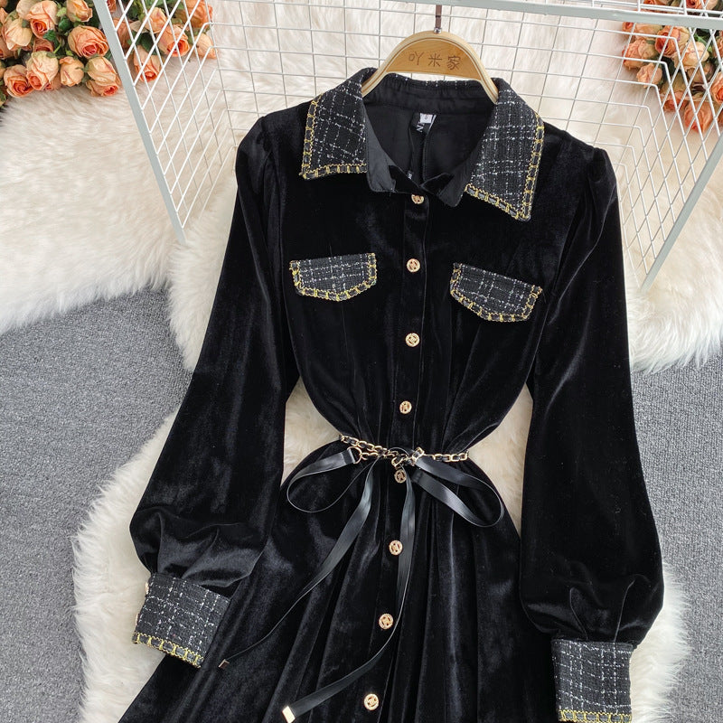 Herbstliches französisches Retro-Samtkleid im eleganten Swing-Langrock 842