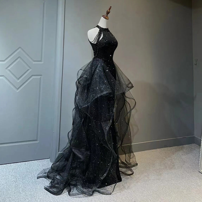 Black Sparkly Long Prom Dress A Line Tulle Evening Gown Party Dress 179 - JulyProm