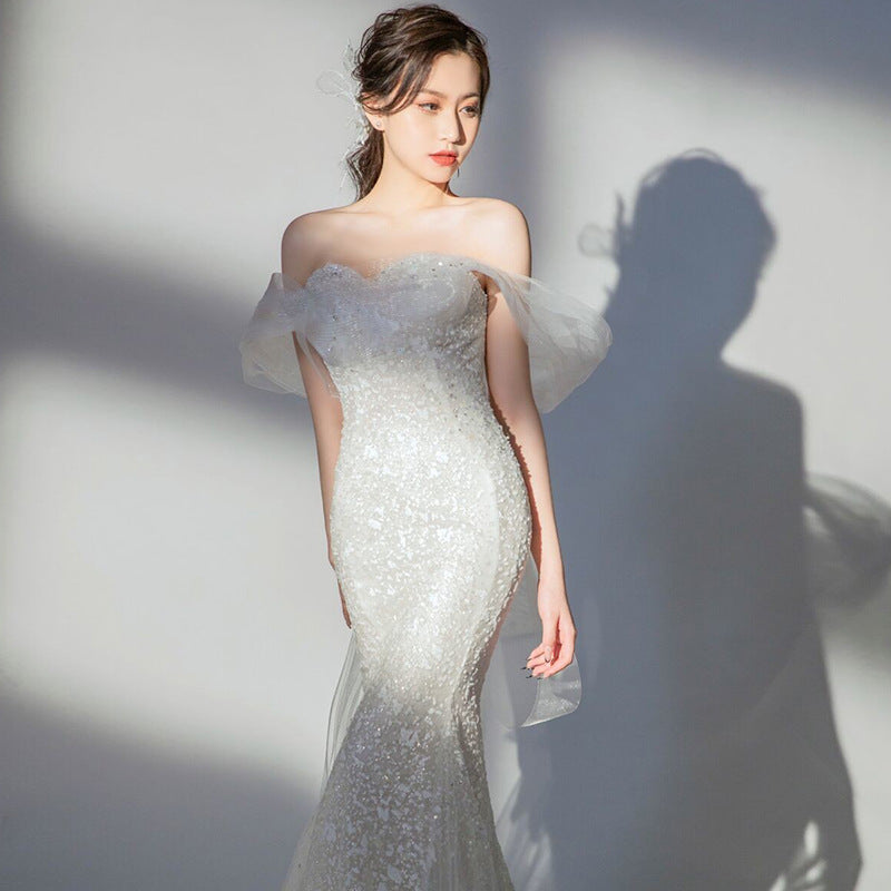 Mermaid Sequins Wedding Dress Off Shoulder Long Evening Dress with Train 186 - JulyProm