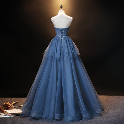 Robe de bal bustier bleu roi, décolleté en cœur, coupe S, en tulle, 686