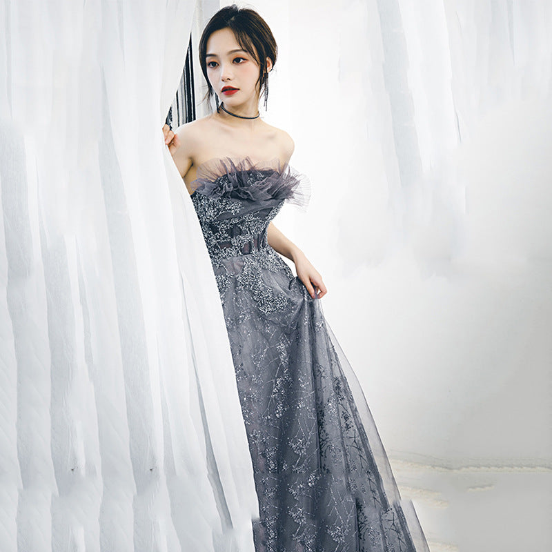 Strapless Blue A Line Long Prom Dress Shiny Evening Party Gown Formal Dress 313