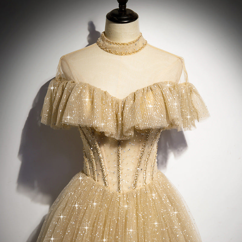 Champagne Gold Evening Ball Gown Off Shoulder Sparkly Long Prom Dress 203 - JulyProm