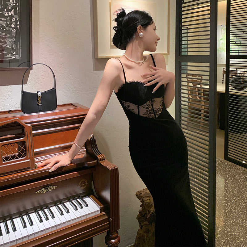 French Retro Lace Dress Sexy Mermaid Long Skirt Black Spaghetti Strap Skirt 397