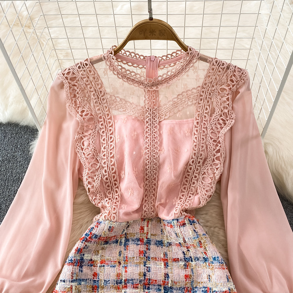 Spring and Autumn Retro Round Neck Pink Lace Chiffon Wool Dress 492