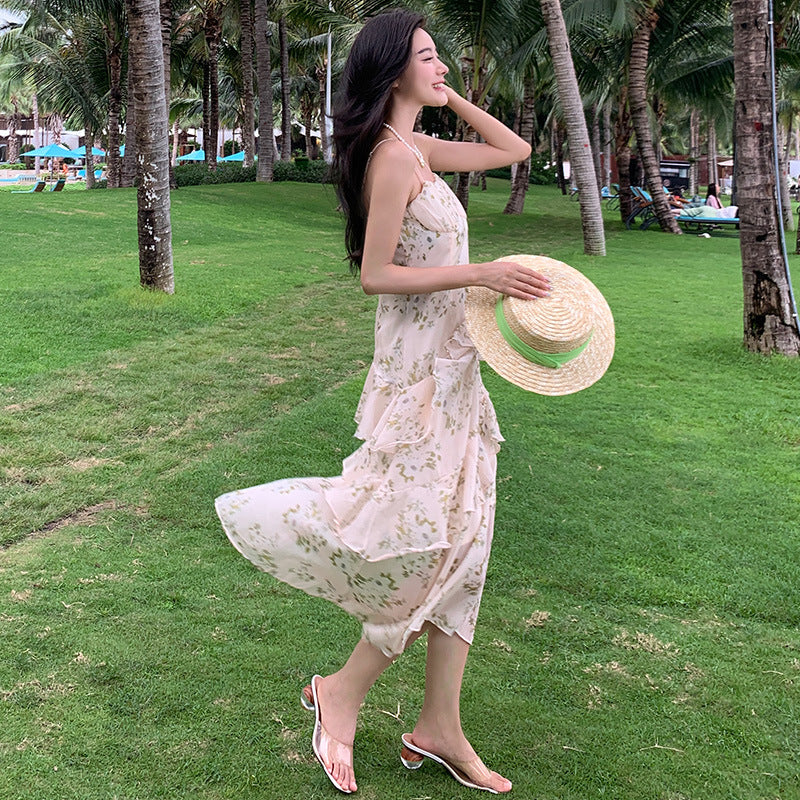 Robe à bretelles spaghetti à fleurs françaises Robe d'été rétro 821