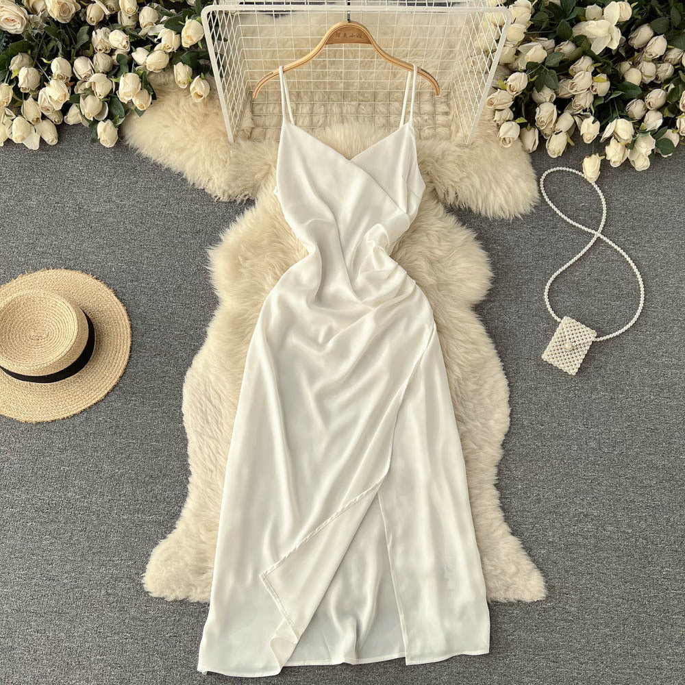 Robe d'été à bretelles spaghetti pour femme, robe en satin 367