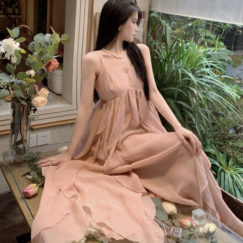 Robe d'été à bretelles spaghetti en mousseline de soie rose, robe de fée 797