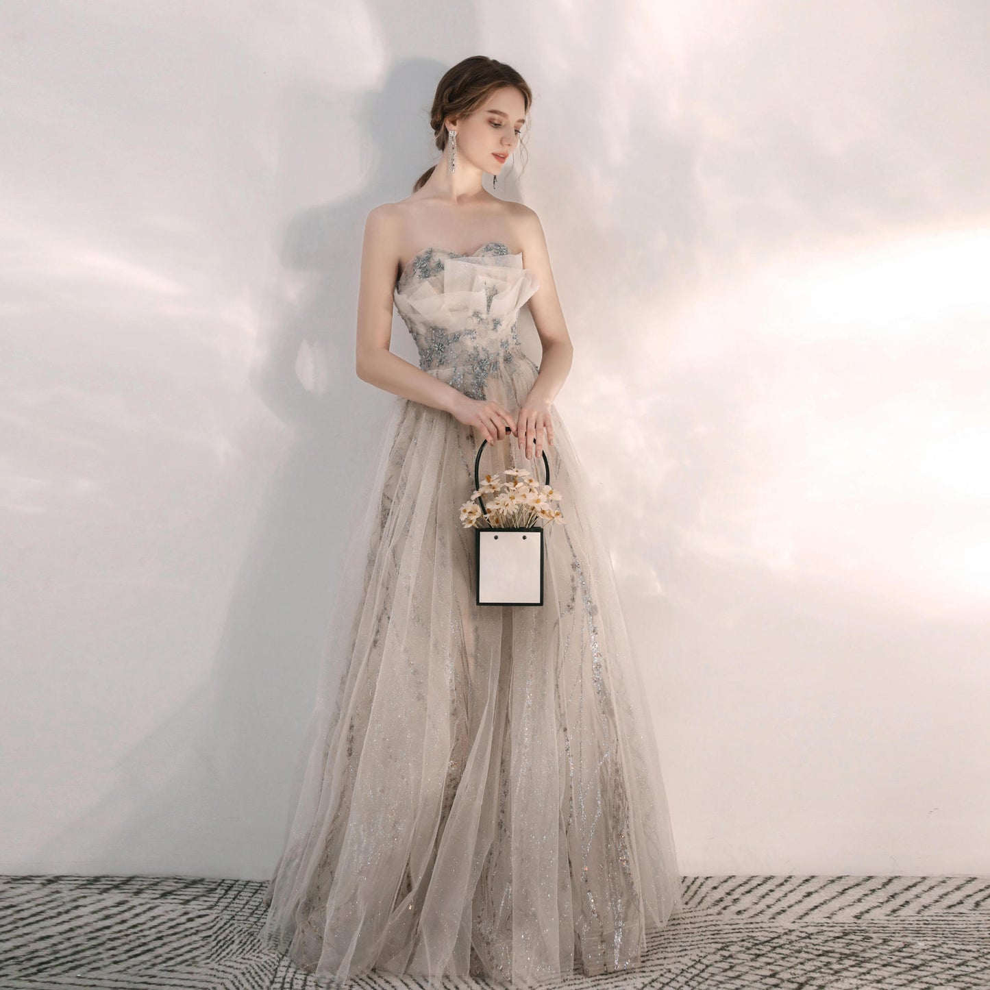 Strapless Light Champagne Long Prom Dress Tulle Bridesmaid Dress 166 - JulyProm