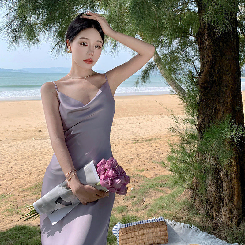 Satin Spaghettiträger Ärmelloses Kleid Sommerkleid Abendkleid 788