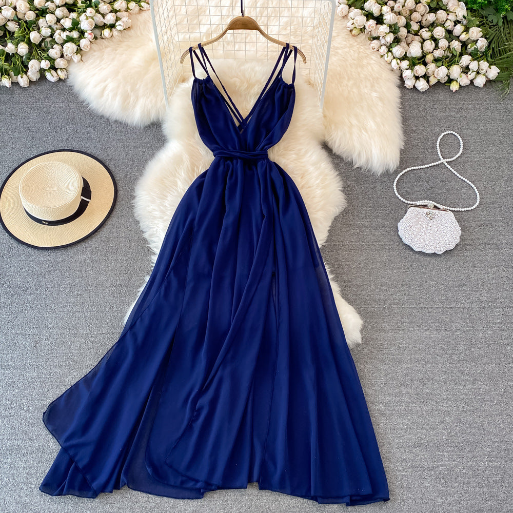 Bohemian Big Swing Kleid mit dünnen Schulterträgern, feenhaftes, ärmelloses Kleid mit hoher Taille und V-Ausschnitt 846