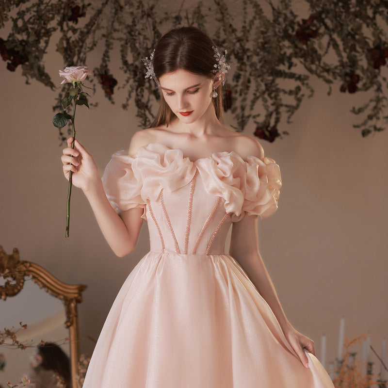 Robe de bal longue rose sans bretelles, jolie robe de fête d'anniversaire 514