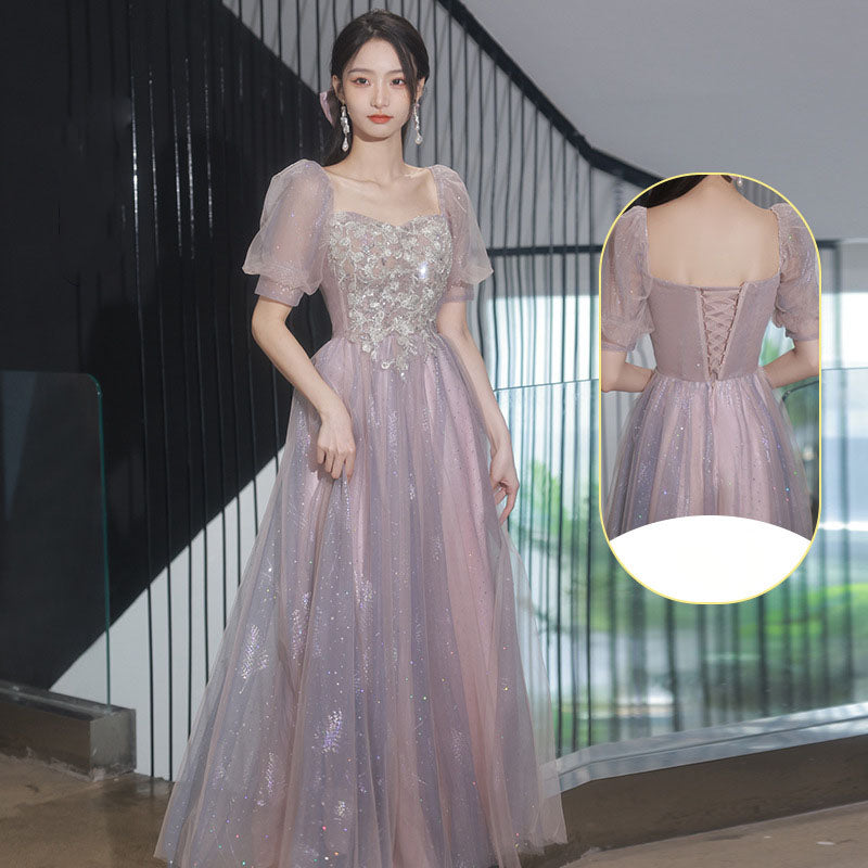 Robe de demoiselle d'honneur en tulle rose coupe A, robe de bal longue et brillante 524