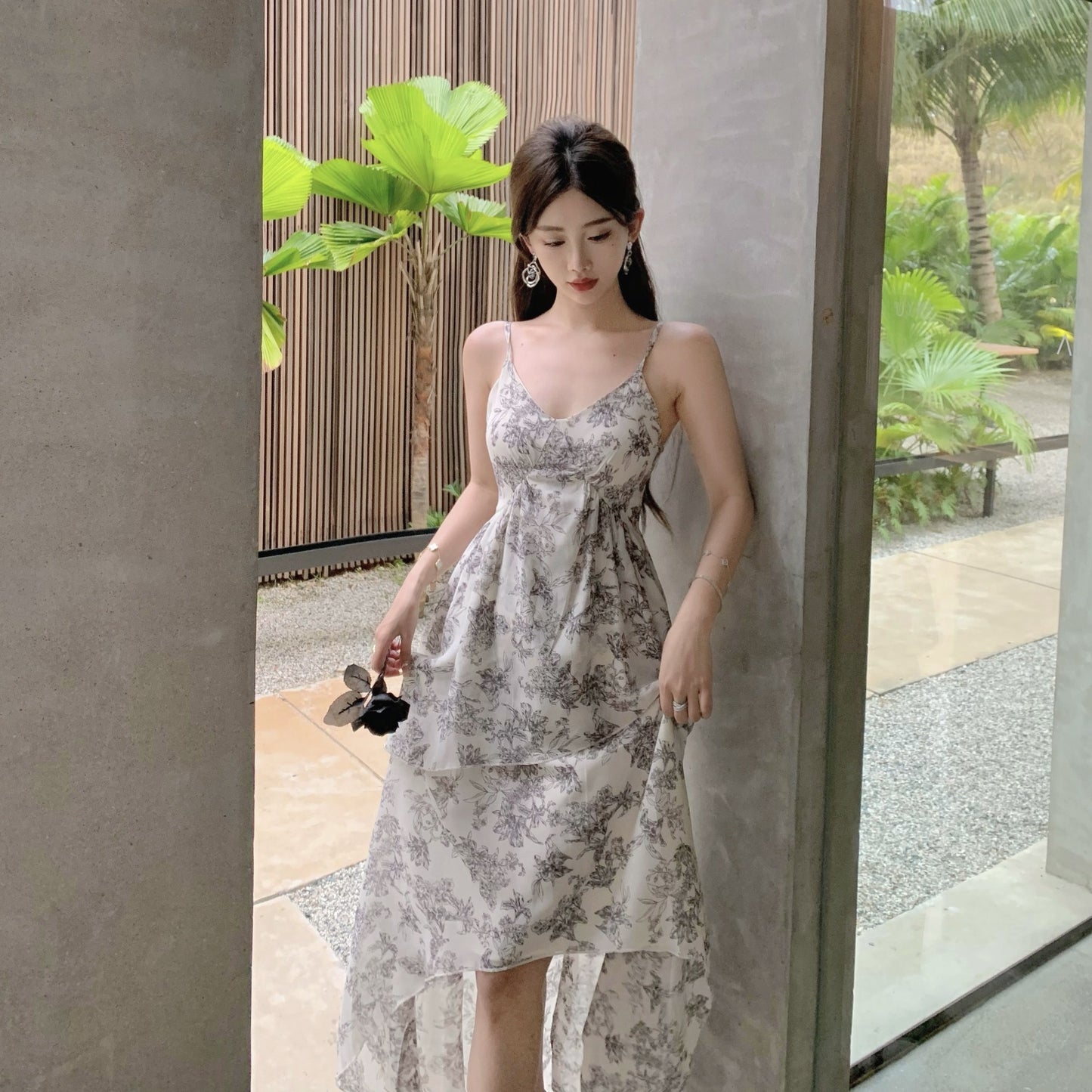 Spaghettiträgerkleid Damen Sommer Französischer unregelmäßiger Chiffonrock 792