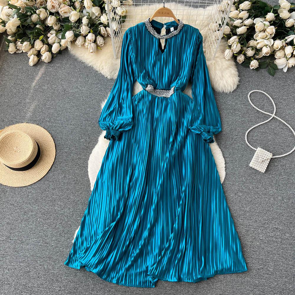 Robe à manches longues pour femme, style français, printemps-automne, en satin plissé, 479