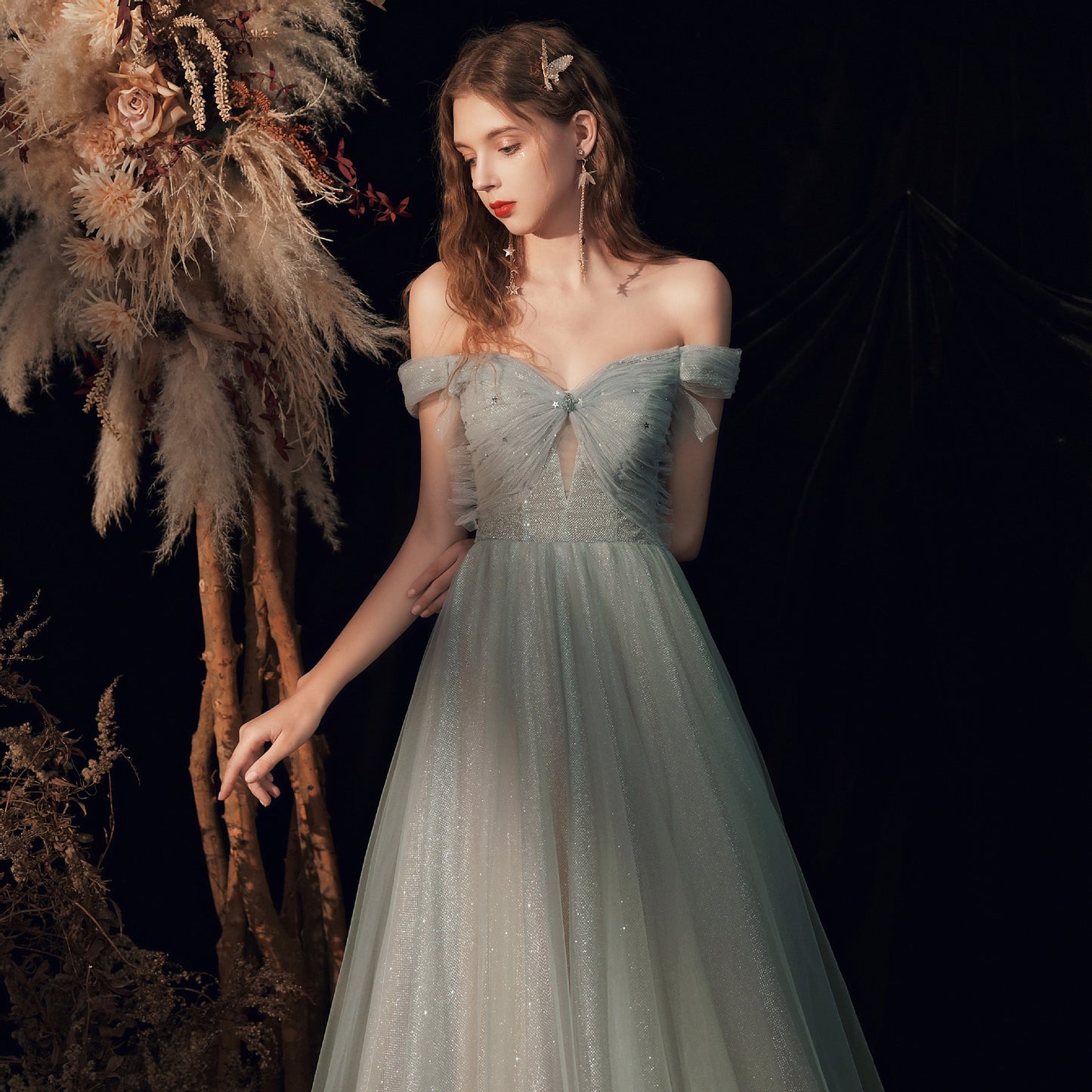 Off Shoulder Light Green Gray Prom Dress Tulle Long Formal Evening Party Dress 144 - JulyProm