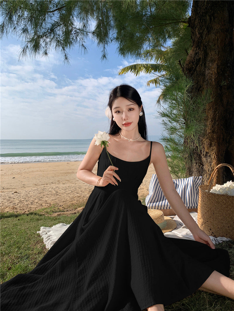 Robe d'été féerique à bretelles spaghetti pour femme, style rétro français, dos nu, 385