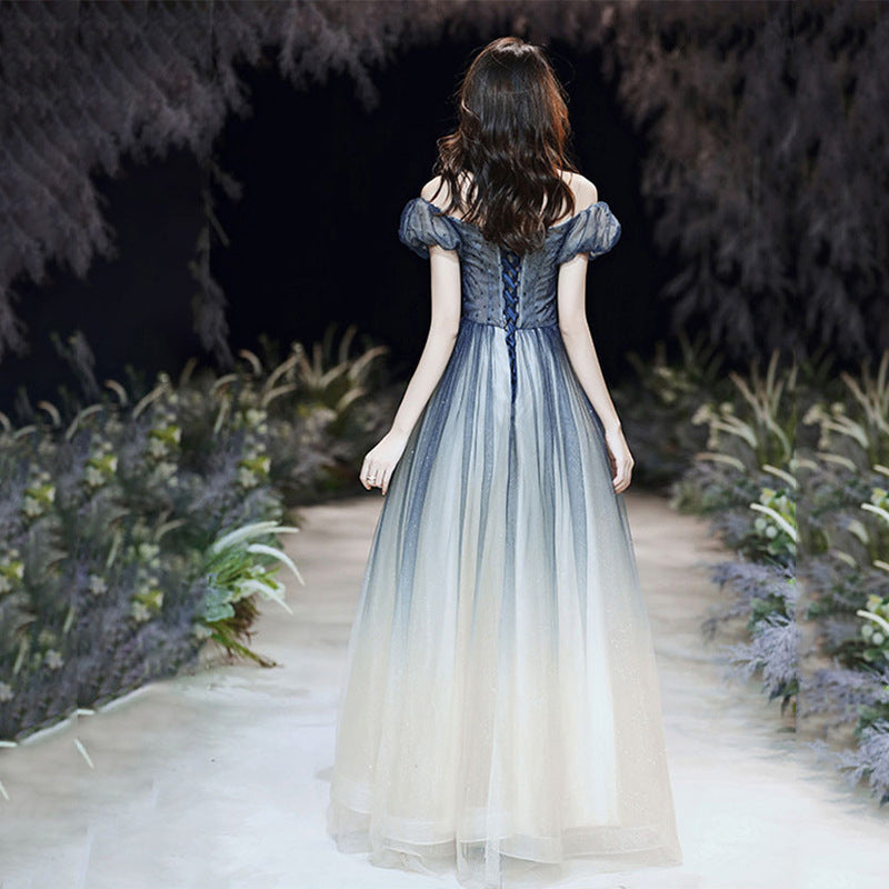 Gradient Blue A Line Long Prom Dress Off Shoulder Formal Evening Dress 130 - JulyProm