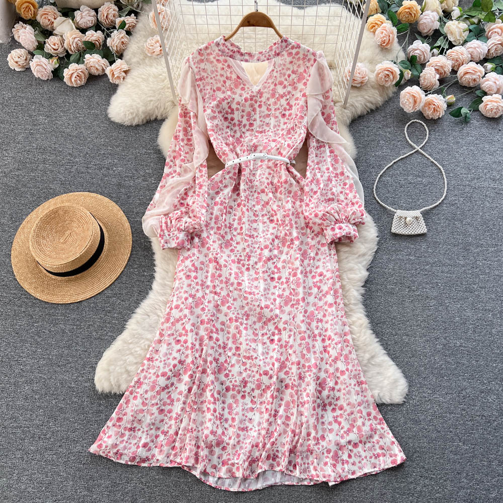 Robe fleurie 2023 pour femme, manches bouffantes, style sirène, jupe longue féerique 283