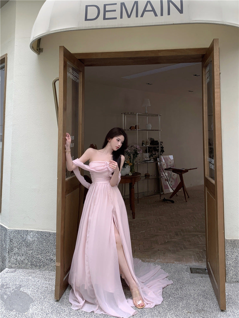 Robe de bal longue rose bustier style féerique avec fente 400