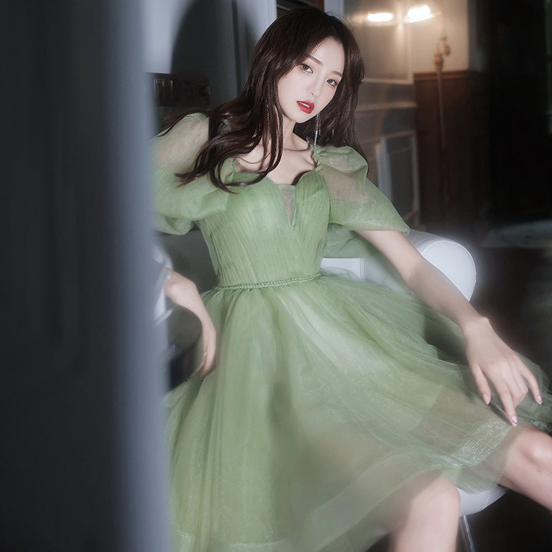 Green Tulle Short Prom Dress Short Sleeves Homecoming Dress 173 - JulyProm