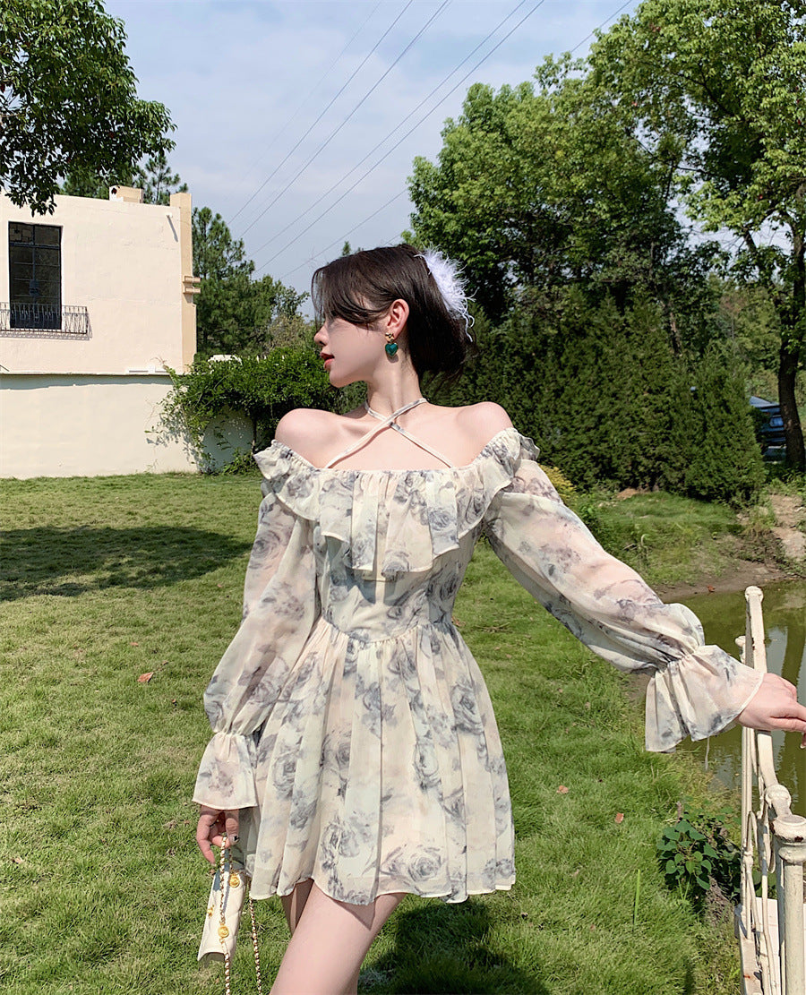 Robe de fée à imprimé floral et col licou, robe de vacances 389