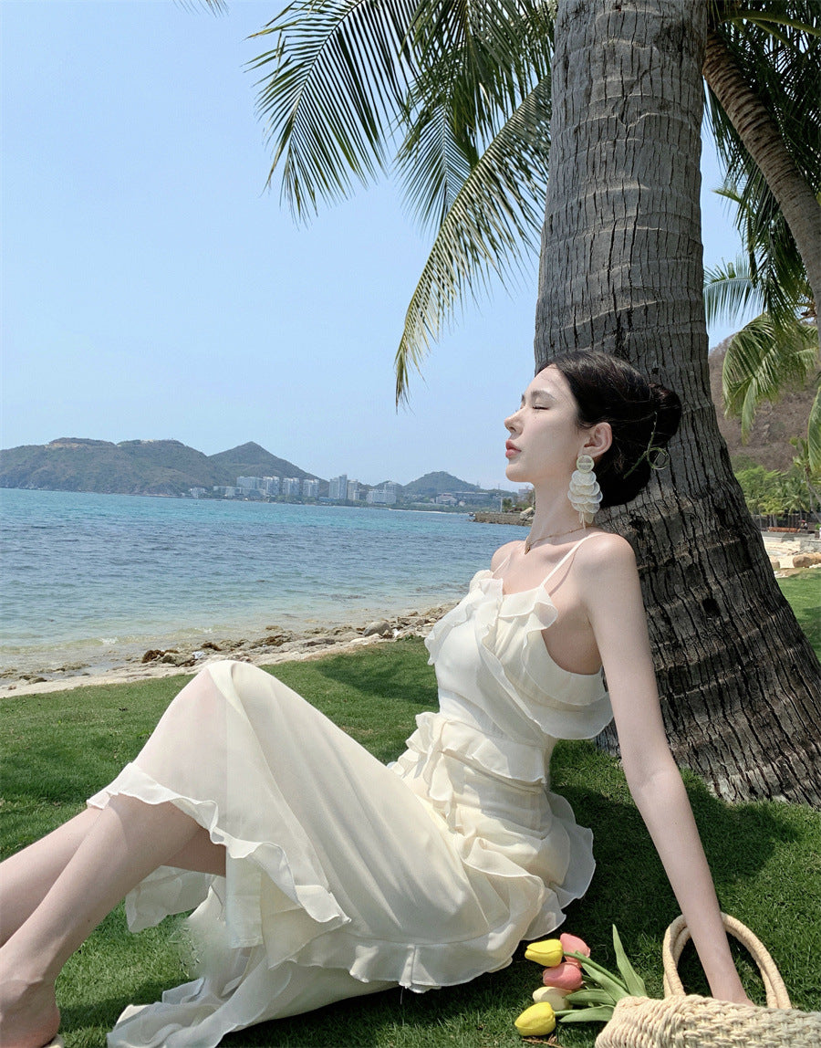 Damen Sommerkleid mit Spaghettiträgern im französischen Stil, süßes Kleid 796