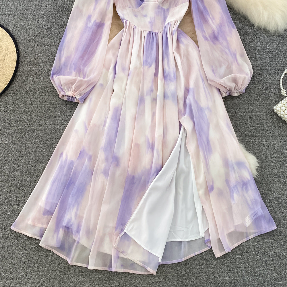 Frühling und Herbst Tintendruck Kleid Frauen V-Ausschnitt Plissee Chiffon Kleid 1157