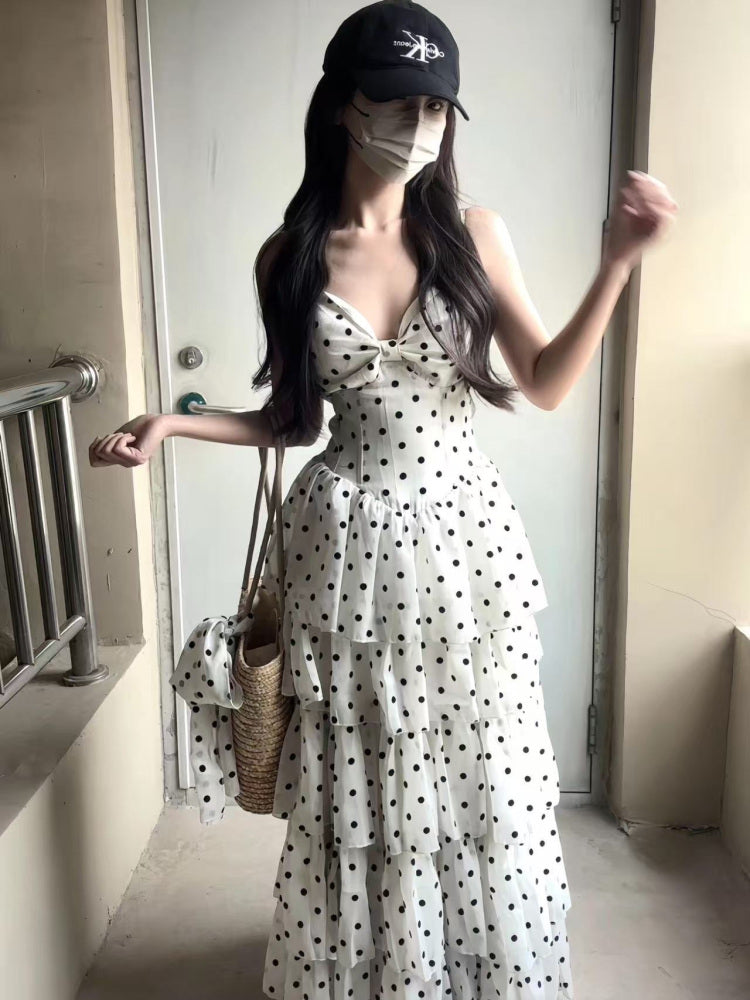French Polka Dot Dress Cake Skirt Layered Summer Dress L26
