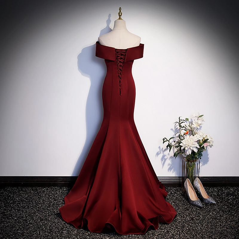 Burgundy Mermaid Long Evening Dress Off Shoulder Satin Prom Dress Formal Gown 184 - JulyProm