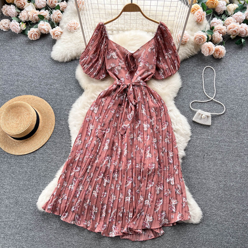 Robe longue d'été en mousseline de soie à manches bouffantes et imprimé floral pour femme 277