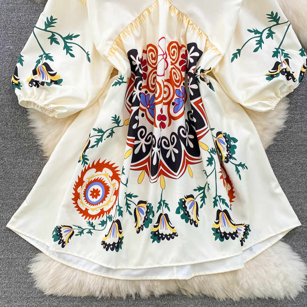 Spring and Autumn Retro Temperament Long-sleeved V-neck A-line Printed Dress 349