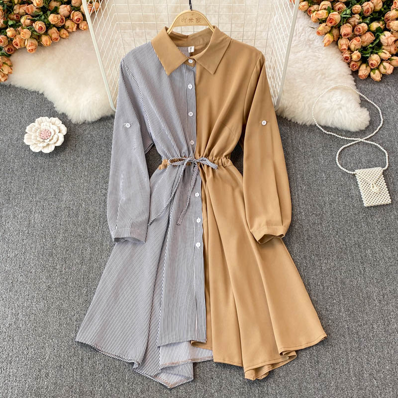 Robe chemise rayée vintage à manches longues, robe trapèze mi-longue 339