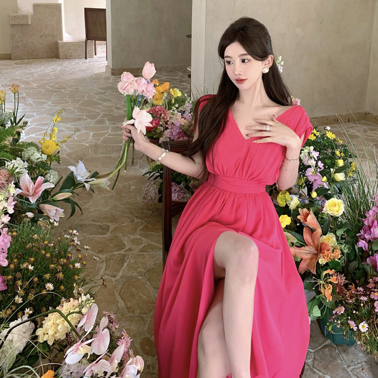 Robe longue rouge rose taille haute, col en V, en mousseline, sans manches, avec fente 793