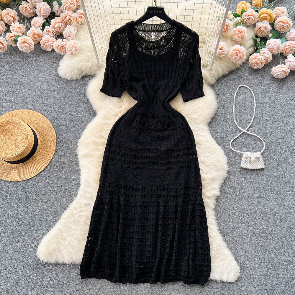 Robe d'été en tricot ajouré pour femme, ensemble deux pièces avec jupe à bretelles 477