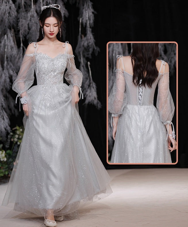 Robe de bal longue grise coupe trapèze, robe de soirée formelle brillante, robe de demoiselle d'honneur 557