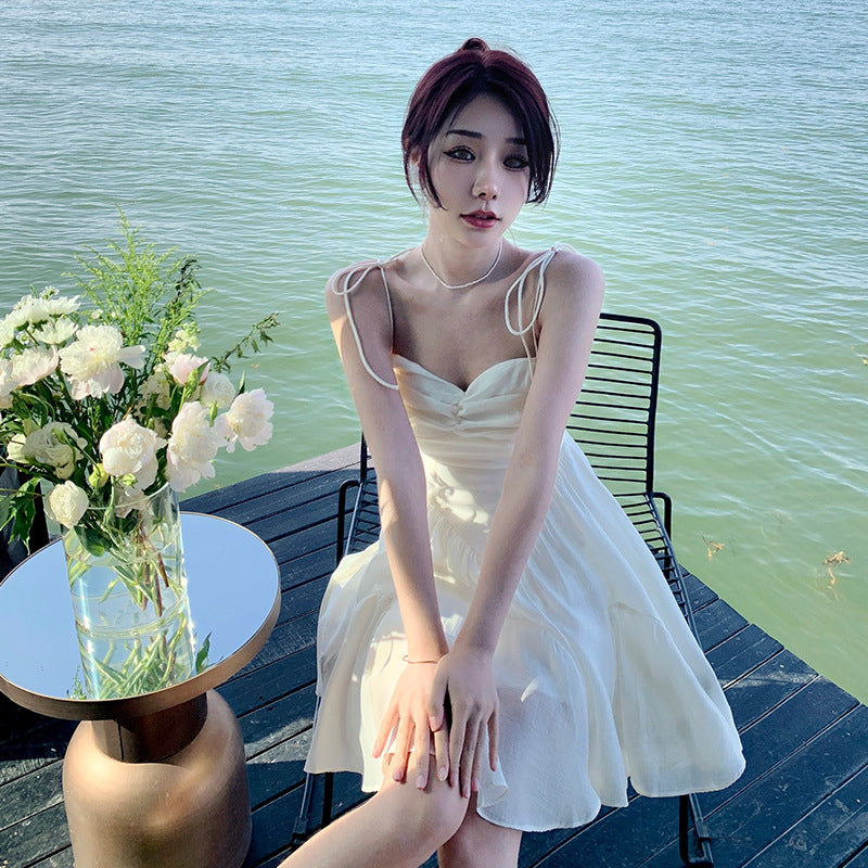 2023 New Summer Beige Bow Spaghetti Strap Dress Women 387