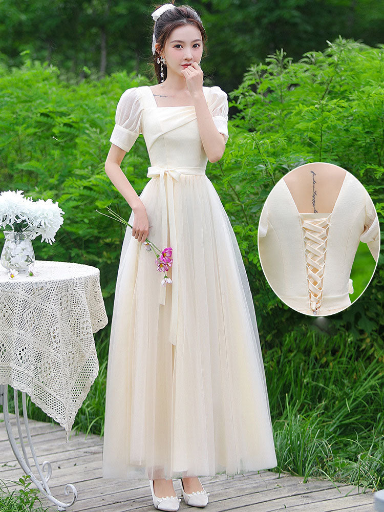 Robe de demoiselle d'honneur coupe A, robe de bal simple et longue couleur champagne 521