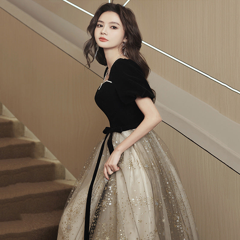 A Line Short Sleeves Long Prom Dress Shiny Evening Party Gown 537