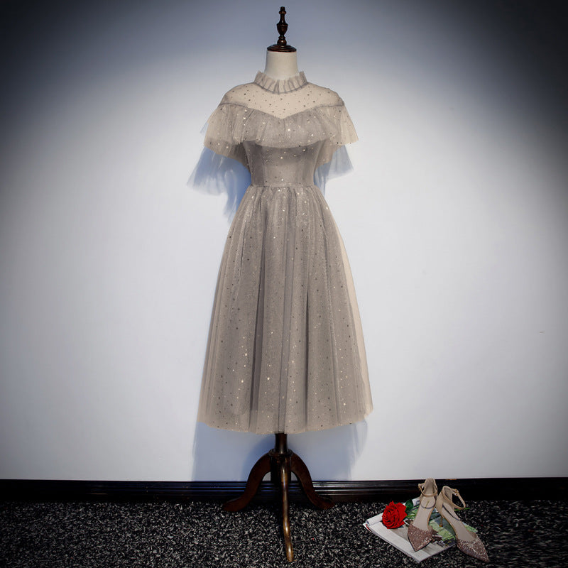 Off Shoulder A Line Tulle Shiny Prom Dress Gray Formal Evening Gown Gomecoming Dress 224 - JulyProm