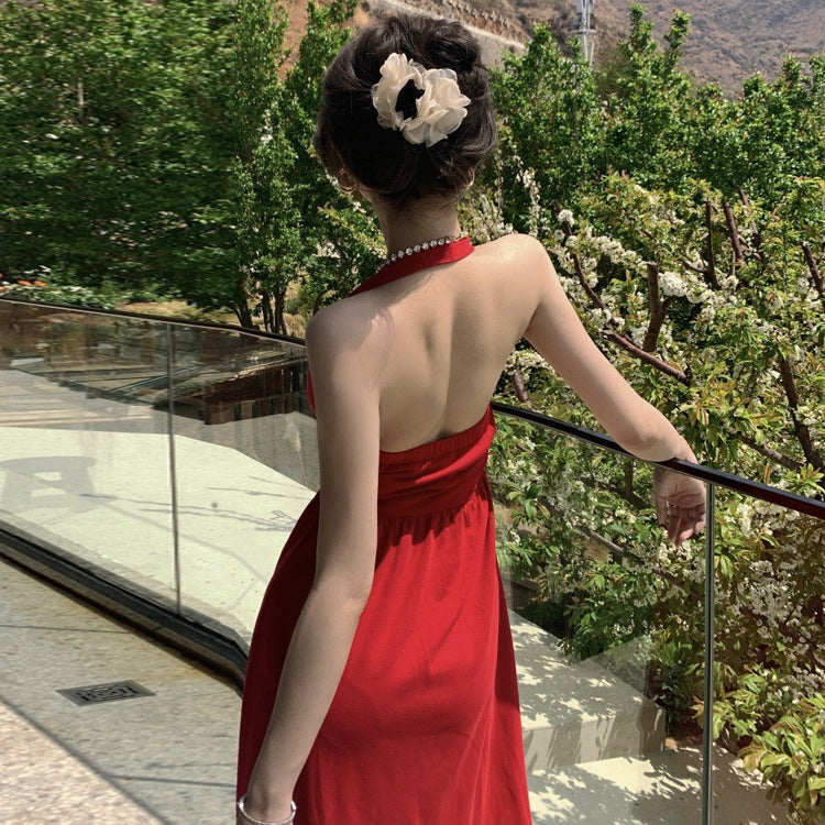 Robe verte à bretelles et col suspendu pour femme, nouvelle robe rétro française d'été 2023 405