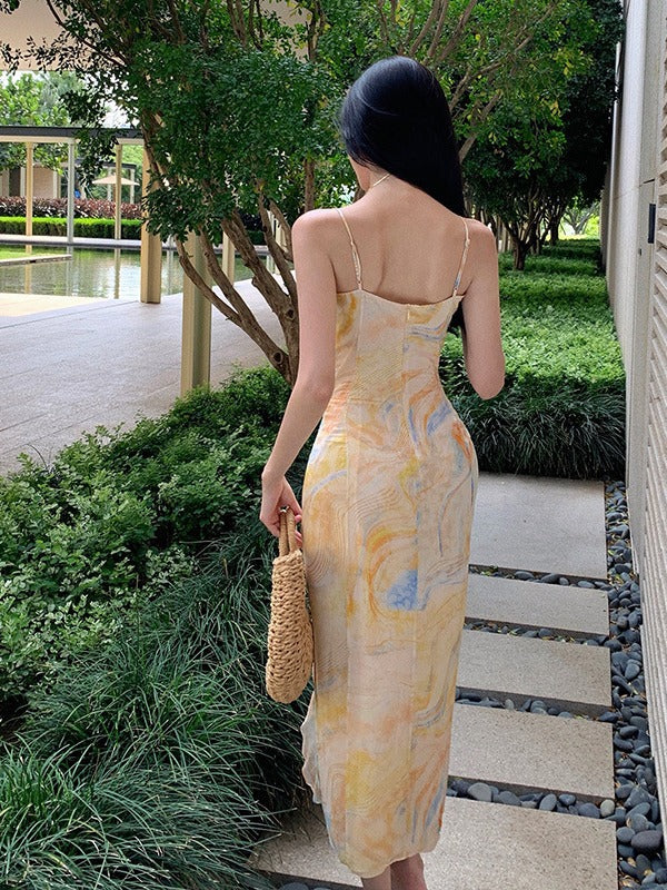 Robe fleurie à bretelles spaghetti et col en V, robe de bal à volants, 1934