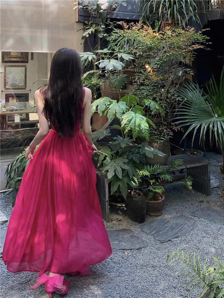 Rose Red Pleated A-line Chiffon Long Dress 1909