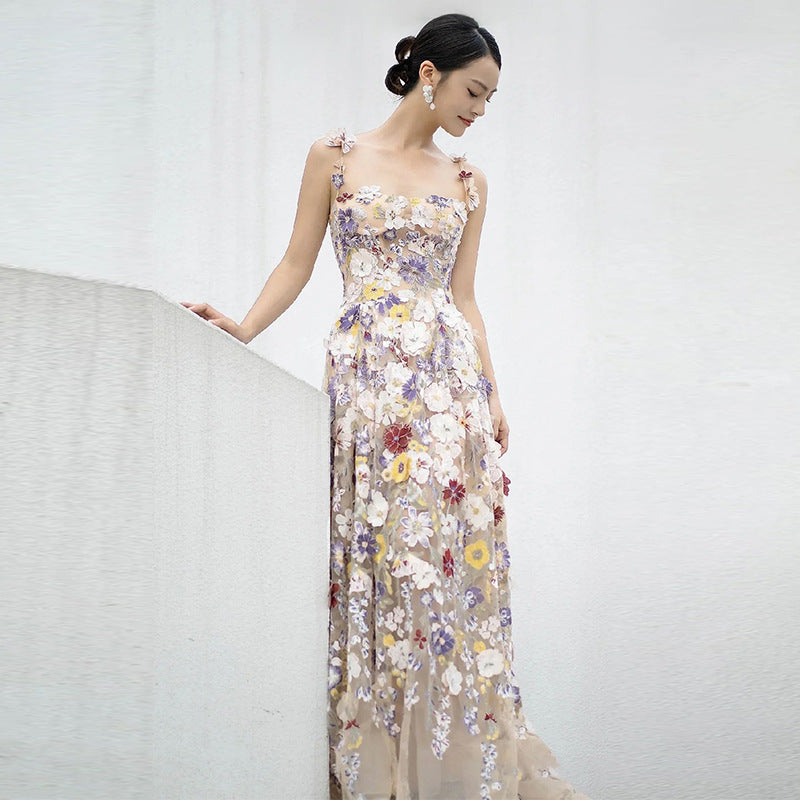 Blumen-Abendkleid im französischen Stil, 3D-Blumen-Mesh-Kleid in A-Linie, 1971