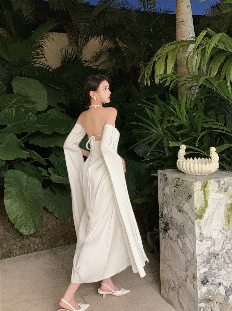 Robe de bal à épaules dénudées et dos nu en satin, robe slim à manches longues 1908