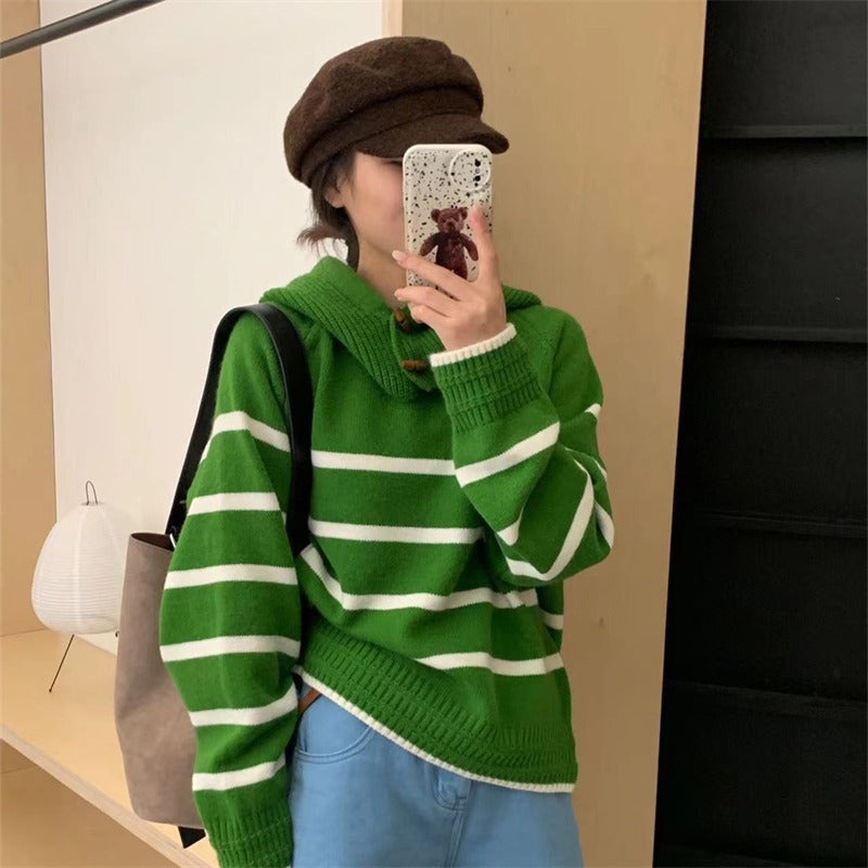 Gestreifter Pullover mit Rundhalsausschnitt, Herbst- und Winterdesign, lockerer Strickpullover von 1955